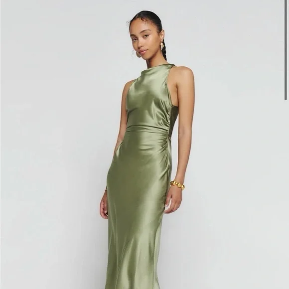Reformation Casette Silk Maxi Dress in Artichoke Green - Picture 2 of 9